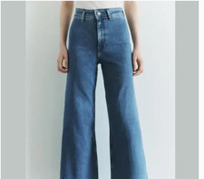 NWOT Zara High-waist Wide Leg Jeans Medium Wash Size 6 Raw Hem Cotton Stretch