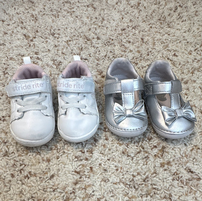 Stride Rite Girls Sneakers Hook & Loop Bow White/Pink/Silver Bundle 3M