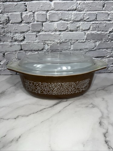 VTG 70s-80s PYREX Woodland Brown Glass 043 1.5qt Casserole Dish w/943C Lid