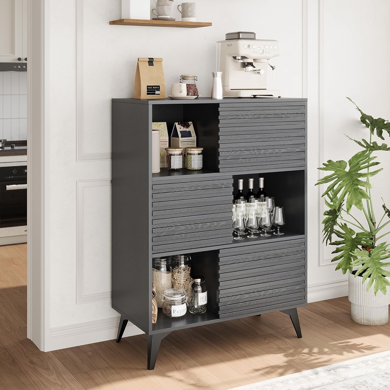 Fluted Storage Cabinet w Sliding Doors,3-Tier Floor Cabinet w Adjustable Shelves