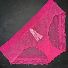 NWT Victoria's Secret L HIPHUGGER/hipster PANTY Hot PINK polka Dot Mesh Logo