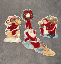 Lot Of 4 Vintage Santa Claus  s Cardboard W Red Felt Velvet Textured Double Side