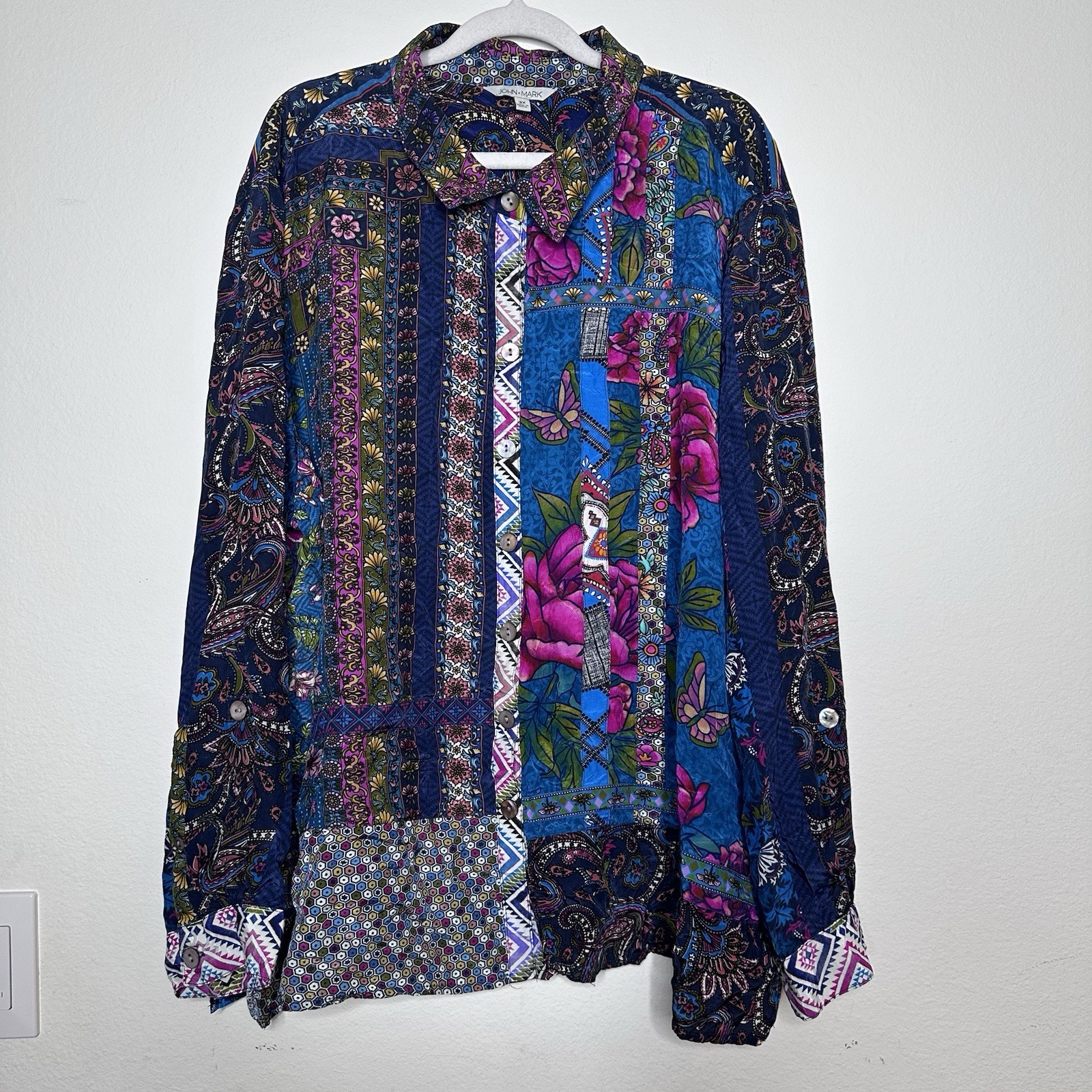 John Mark Mixed Print Patchwork Style Roll Tab Bl… - image 1