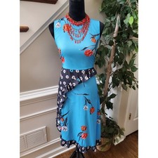 Asos Women Blue Floral Polyester Round Neck Sleeveless Knee Length Dress Size 2