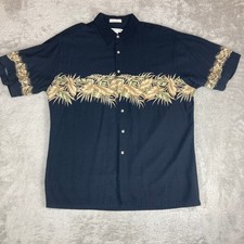Vintage Pierre Cardin Shirt Mens L Black Rayon Tropical Leaf Print Short Sleeve