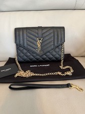Authentic YSL Saint Laurent Matelassé Leather Envelope Clutch Handbag Black Gold