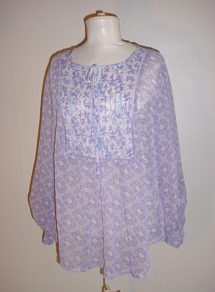 CJ Banks Semi Sheer Blouse Top Size X Lavender Floral Long Roll Tab Sleeve