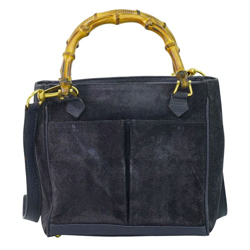 Authentic Gucci Bamboo 2Way Shoulder Bag Handbag Pochette Suede Leather Navy Use