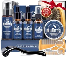 FULLLIGHT TECH Beard Kit with Vitamin Spray, 2x Oil, Balm, Wash, Brush, Comb,...