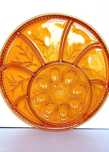 Vtg Indiana Glass Amber Divided Deviled Egg/Relish Dish W/Leaf Pattern Vintage