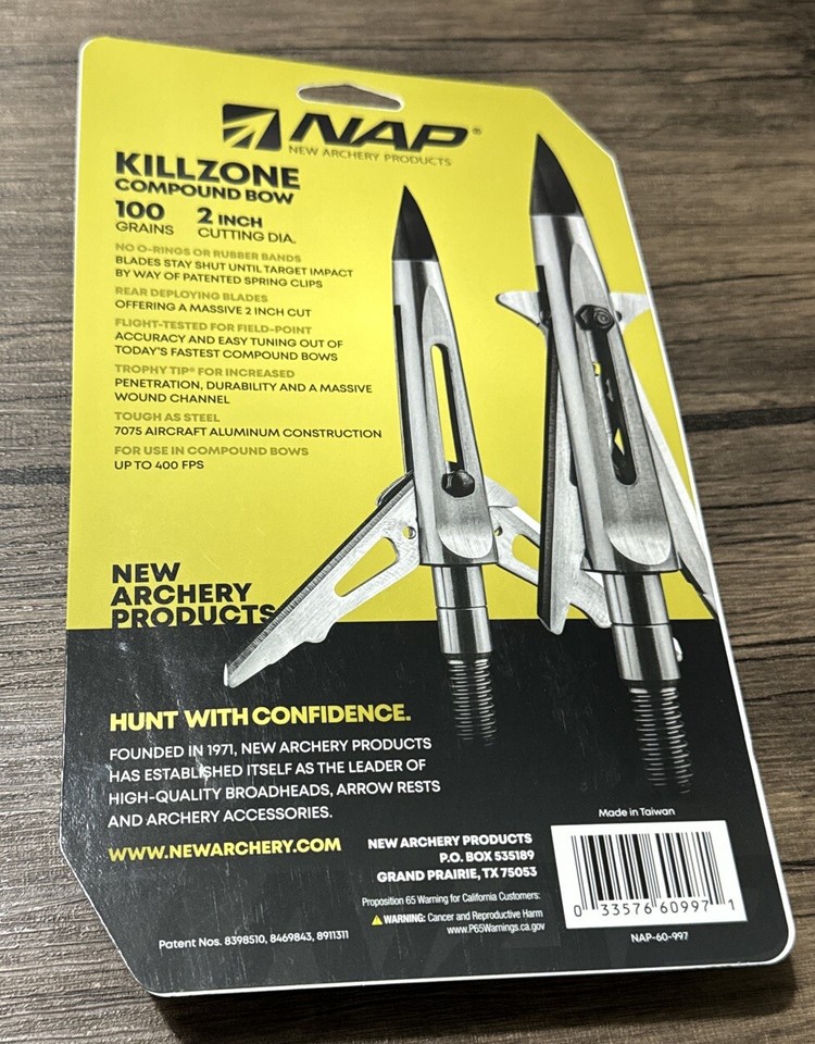 Pack of 3 NAP New Archery Products Killzone 100 Grain Broadheads NEW