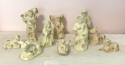 Vintage Ceramic Cream & Gold Simple 2-8'' Figurines Nativity Set 10pc Holy 