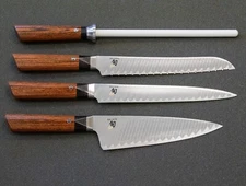 RARE Shun Kramer Knives - Damascus 8" Chef, Bread, Slicer, & ceramic hone set