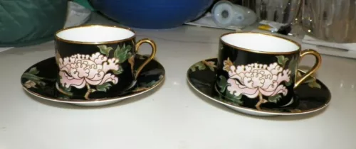 PAIR (2) VINTAGE 1970's FITZ & FLOYD CLOISONNE PEONY CUPS & SAUCERS