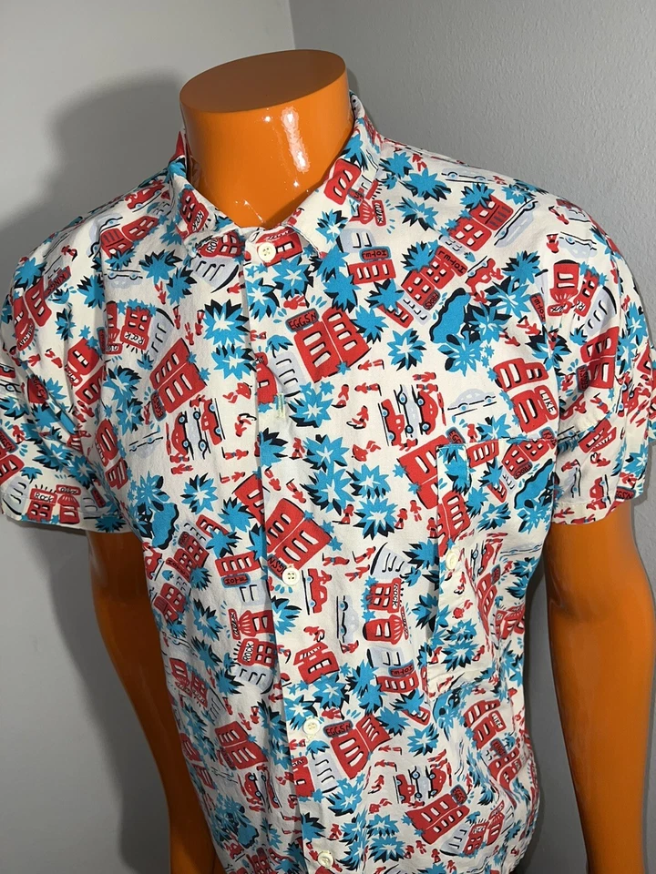 A8 Vintage Ocean Pacific OP Hawaiian Shirt All Over Print City Scene Mens L Rare - Image 3 of 4