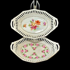 Schumann Bavaria Reticulated Porcelain Oval Bowls 2 Floral Gilt Trim Cottage VTG