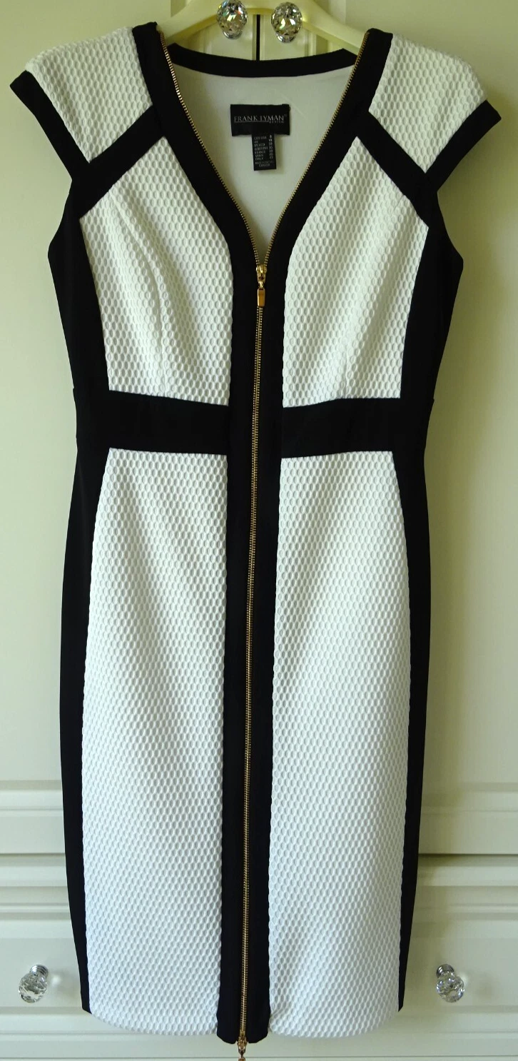 OFF WHITE FRANK LYMAN ABITO BODYCON BIANCO SPORCO E NERO ZIP DAVANTI UK 10