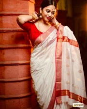 Indian Traditional Wear Puja Special Sari Off White Ethnic Women Saree Blouse