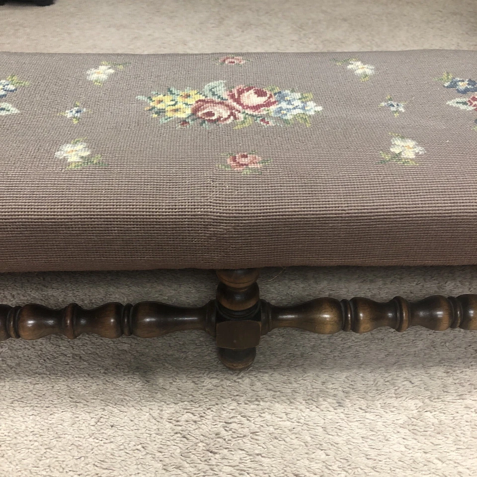 Antique Wood KITTENGER Footstool Ottoman Embroidered Needlepoint Flowers Rare - Image 3 of 4