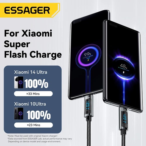 Essager 120W 6A USB Type C Cable Fast Charging For Xiaomi Redmi Digital Display - Picture 3 of 8