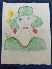 Lee Godie - painting drawing 12.5 x 9.8 in  on old paper signed stamped