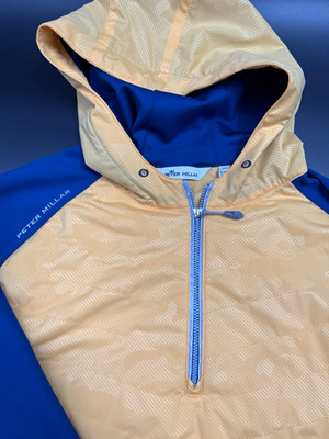 Peter Millar Hyperlight Weld Hybrid Hoodie XL Blue Yellow Golf 1/2 Zip MF22EZ53A