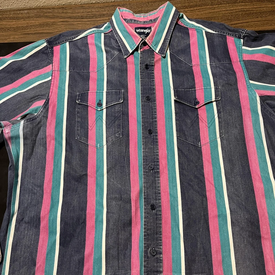 Vintage Wrangler Brushpopper Shirt 3XL Tall Stripe Denim Western Made USA 80s - Image 2 of 4