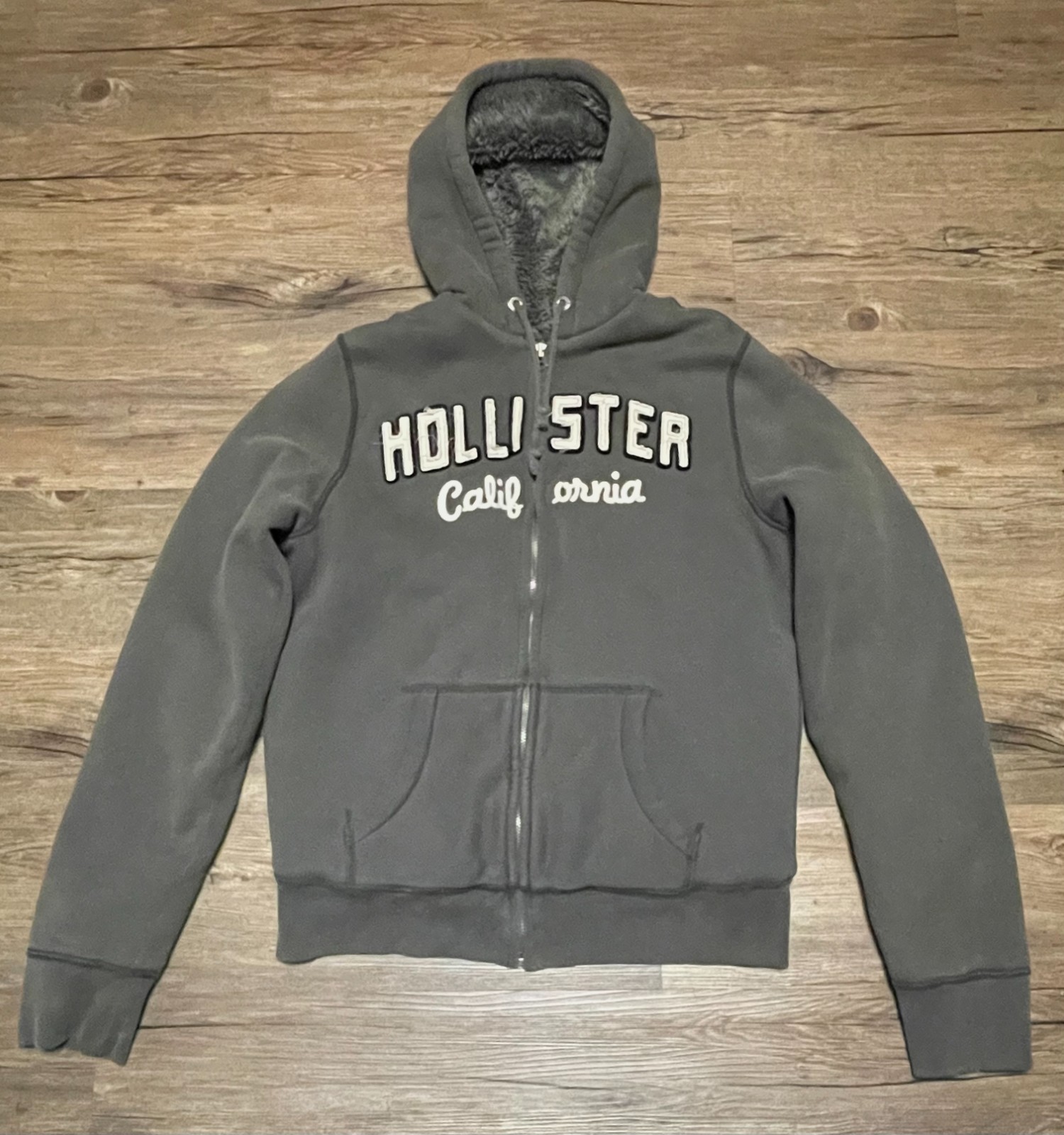 Rare y2k Sherpa Lined Hollister Hoody XL Gray Faux Fur