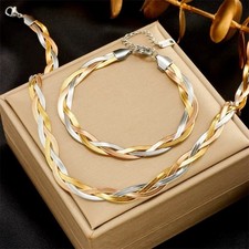 MULTI LAYER ALLOY TWISTED TRI COLOR ROSE GOLD SILVER SNAKE NECKLACE BRACELET SET