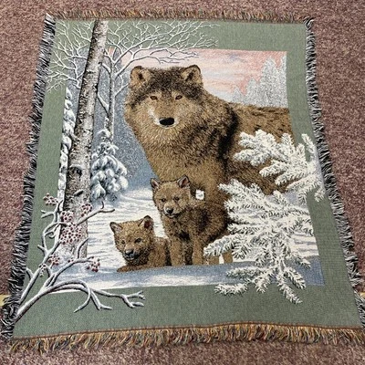 Wolf Family In Snowy Woods Vintage Tapestry Throw Blanket Wall Hanging 49"x60" - Image 1 of 4