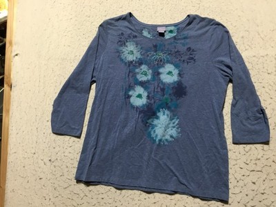 Laura Scott T Shirt Womens XL Blue Floral Rhinestone 3/4 Sleeve Crew Neck