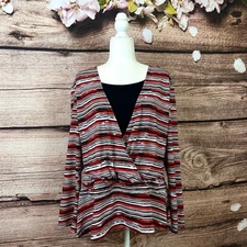 Notations Women’s Black Red Striped Elastic Waist Bell Sleeve Flared Blouse