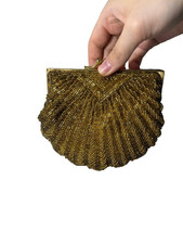 Vintage La Regale Evening Gold Beaded Clam Seashell Clutch Purse Chain Strap