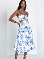 NEW LULUS Summery Successes Blue White Floral Halter Cutout Midi Dress Size M