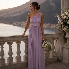 Davids Bridal Iris One Shoulder Lace Chiffon Maxi Dress F17063 Purple Size 2 NWT