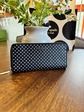 Kate Spade Spencer Slim Zip Around Continental Wallet Black w/ Metallic Dot