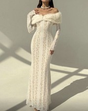 Ivory Lace Off Shoulder Long Sleeve Fur Trim Full-Length Sheath Wedding Dress