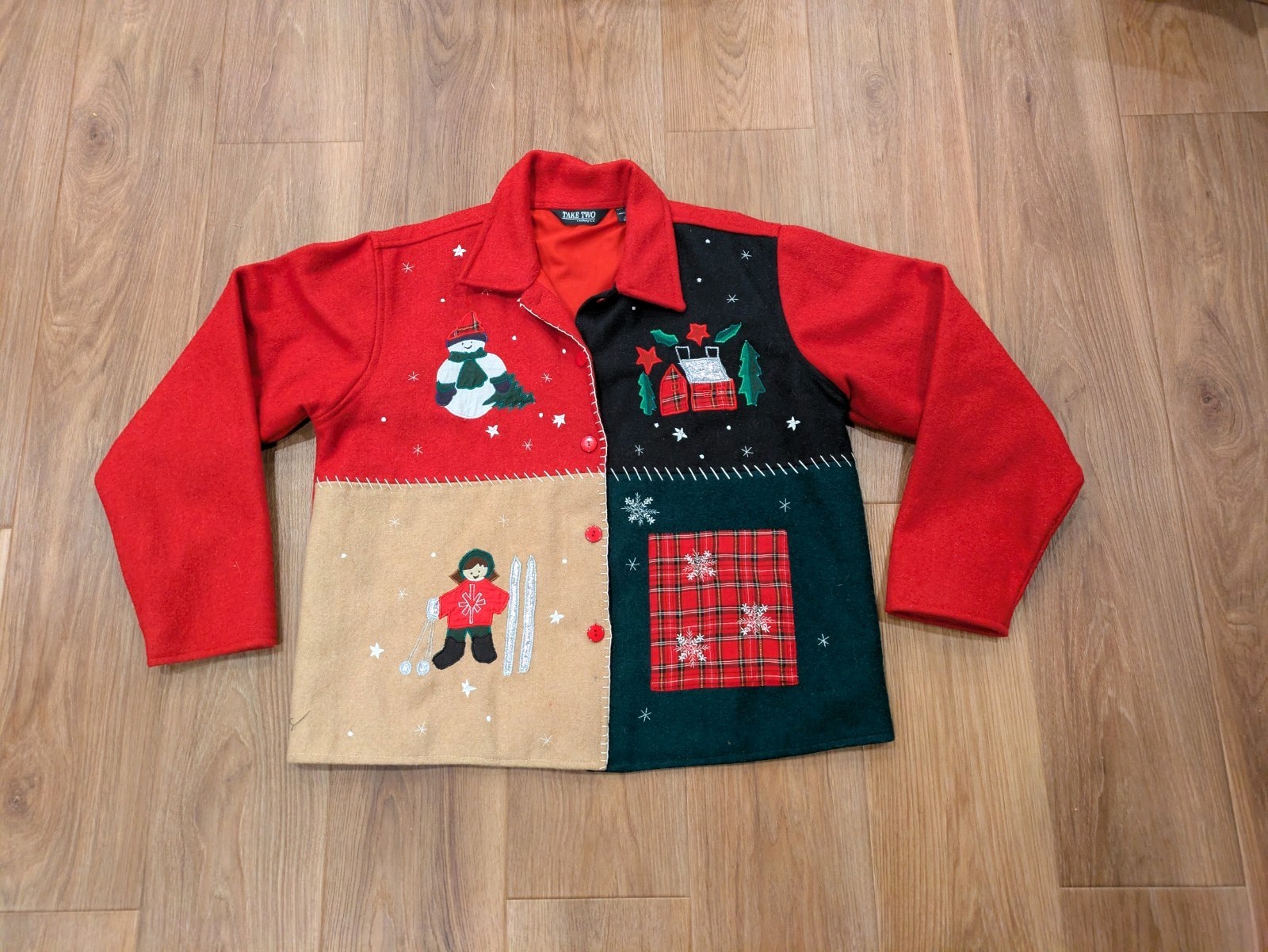 Wool Blend Patchwork Christmas Jacket Ski Cabin S… - image 1