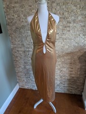 Gold Halter Metallic Backless Split Thigh Keyhole Midi Disco Party Dress Club
