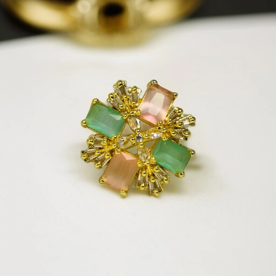 Bollywood Pink & Green Gold Ring American Diomonds & Monalisa Cocktail Ring''' - Image 3 of 4