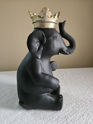 Matte Black Elephant Statue With Gold Crown Sitting Royal Figurine Home Decor