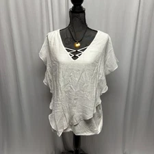 AB Studio White Gauzy-Texture Split-Shoulder Top Womens Sz XXL V-Neck Blouse NEW