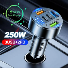 250W 5-in-1 PD QC3.0 Car Charger Fast Charging USB C Multi Port Adapter