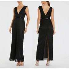 Mac Duggal Women's Black Beaded Cap Sleeve V Neck Column Gown Size 14 NWT