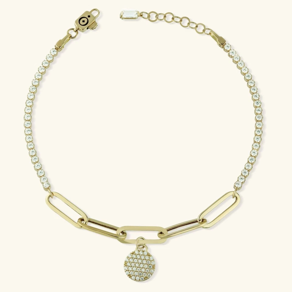 Clip Circonita Cúbica Mediano Redondo Pulsera Real 14k Oro Amarillo Hasta 19.1cm - Imagen 2 de 4