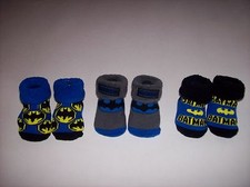 Batman Crib Shoes Booties Socks 3 Pair Sz 0-6 Mos Blu Gra Blk Yel DC Comics