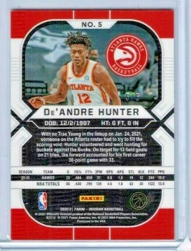 2020-21 Obsidian De'Andre Hunter Electric Etch Red Base #'ed 5/5 - Picture 2 of 2