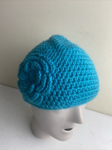 CROCHET Beanie Hat Teal Blue Handmade Flower Cap Cottagecore Youth O/S - Picture 2 of 7