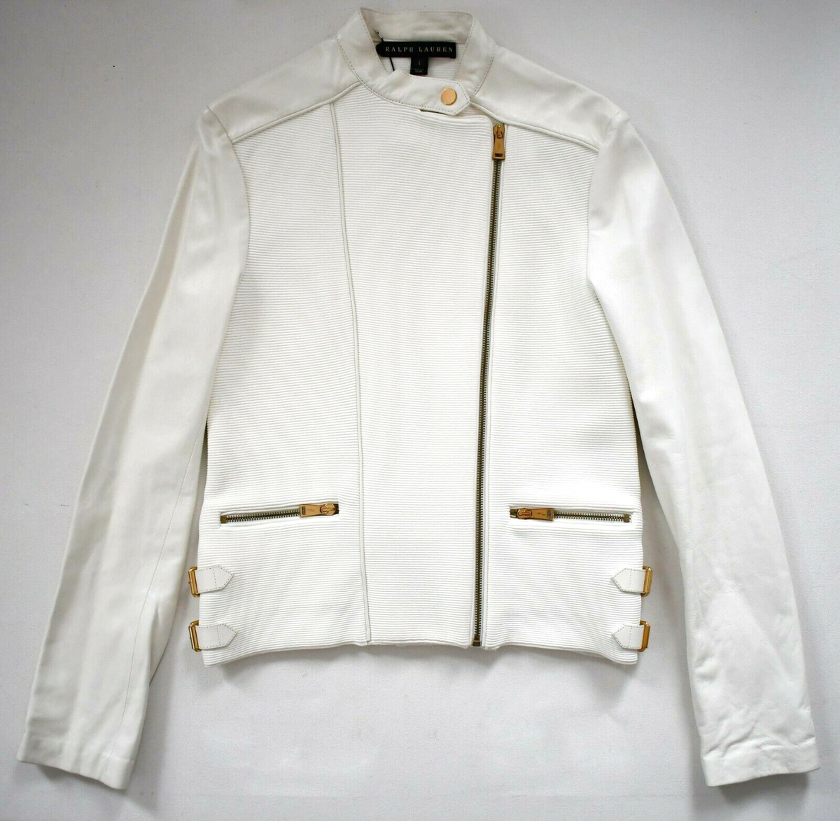 $2395 New RALPH LAUREN BLACK LABEL White Ribbed Knit & Leather