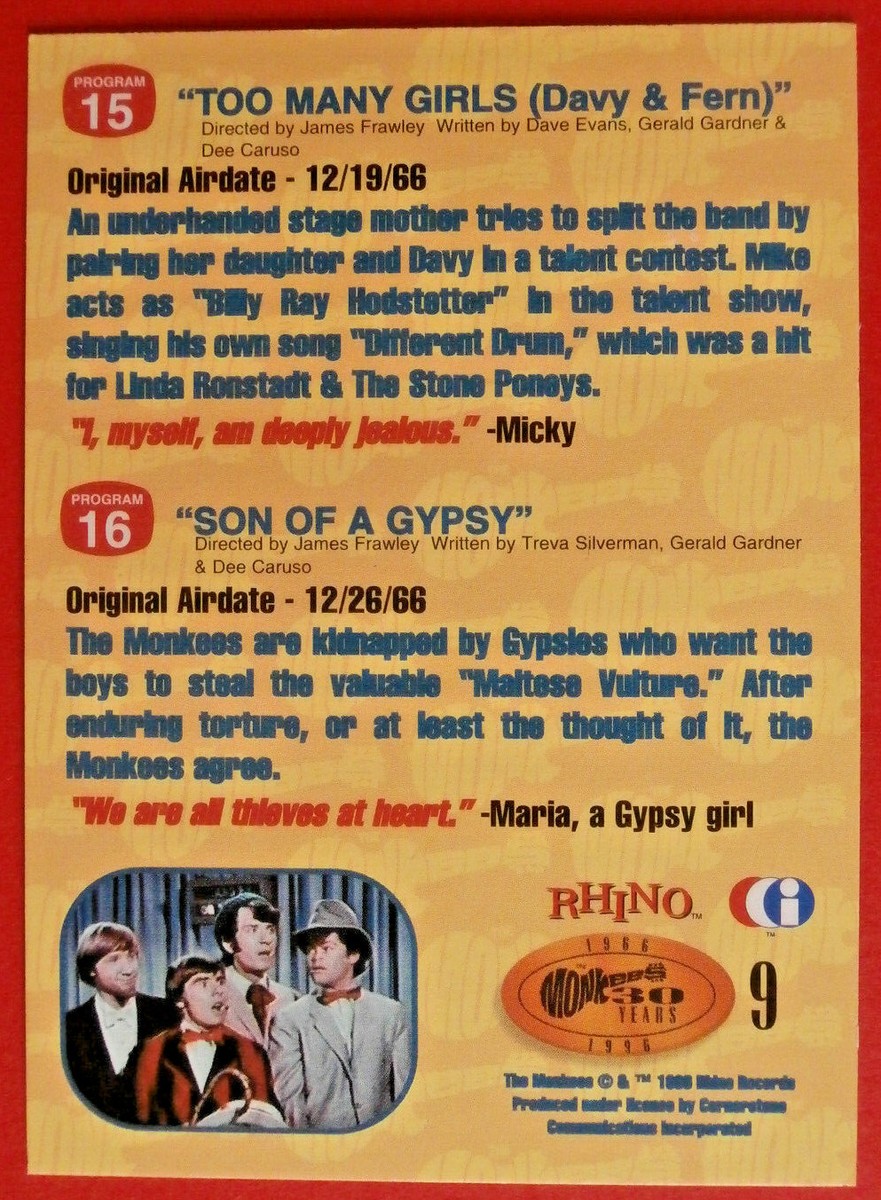 THE MONKEES Card #09 TOO MANY GIRLS SON OF A GYPSY